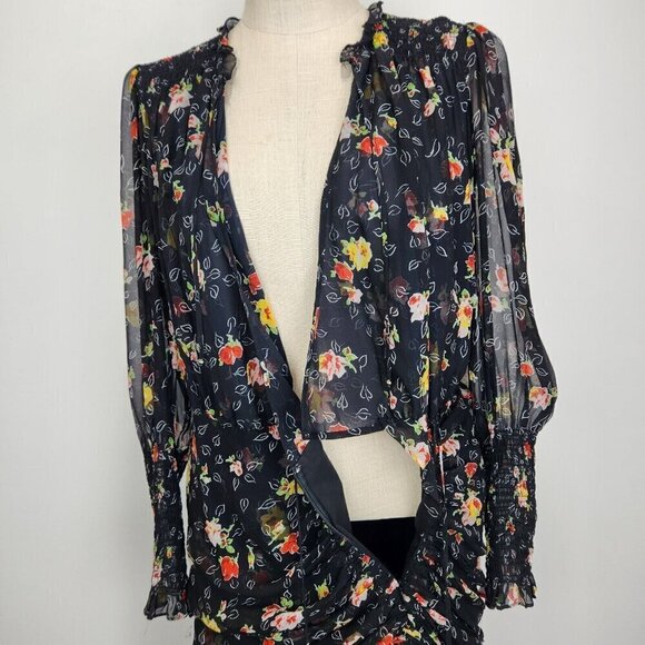 Veronica Beard Black Floral Armeria Dress 10 Chiffon Ruched Sheer Long Sleeve - Picture 5 of 13